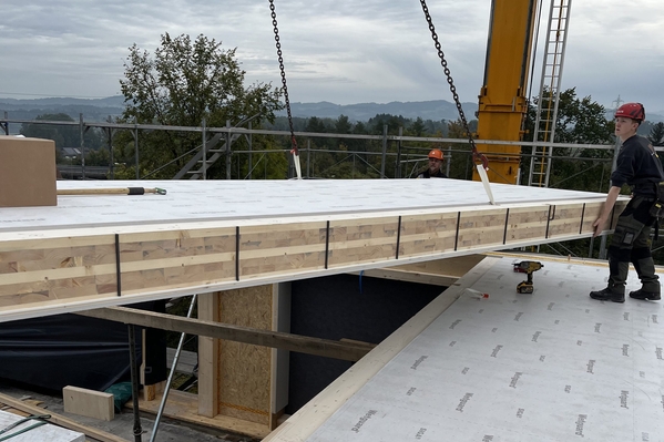 CLT panel prepared along its long side being erected prior to TS3 joint grouting.
